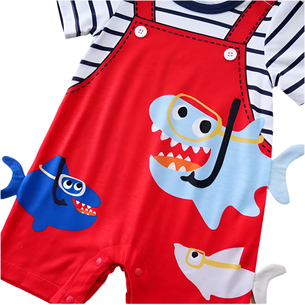 Neugeborene Kleidung Niedlicher Cartoon 3D Hai Print Riemen Gefälschte Zwei Bequeme Sommer Jungen Und Mädchen 0-18 Kurzarm Baby Overall 