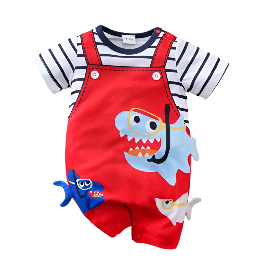 Neugeborene Kleidung Niedlicher Cartoon 3D Hai Print Riemen Gefälschte Zwei Bequeme Sommer Jungen Und Mädchen 0-18 Kurzarm Baby Overall 